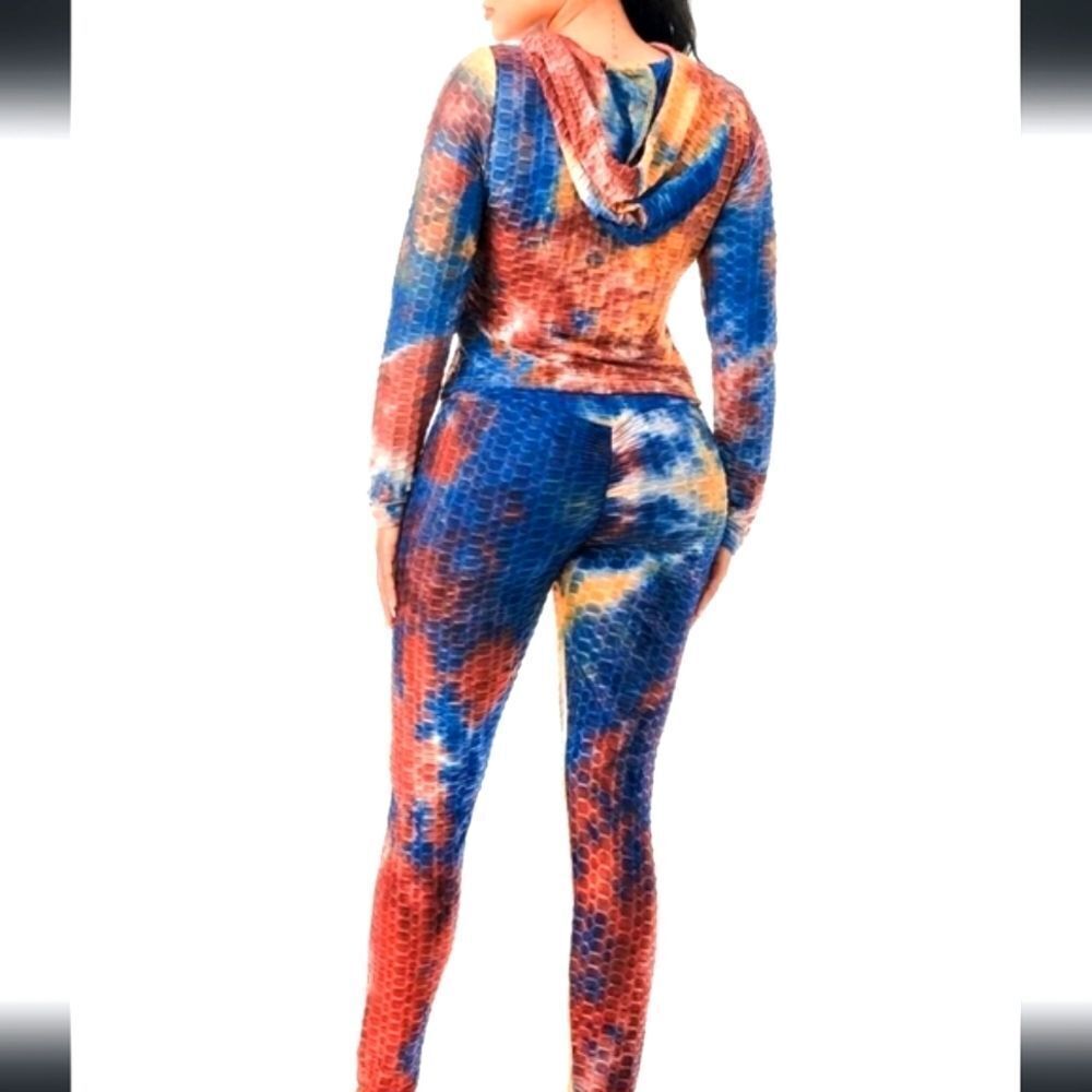 Women's Honeycomb Bubble Texture Tie Dye Butt Lift Activewear Sweatsuit Hooded M